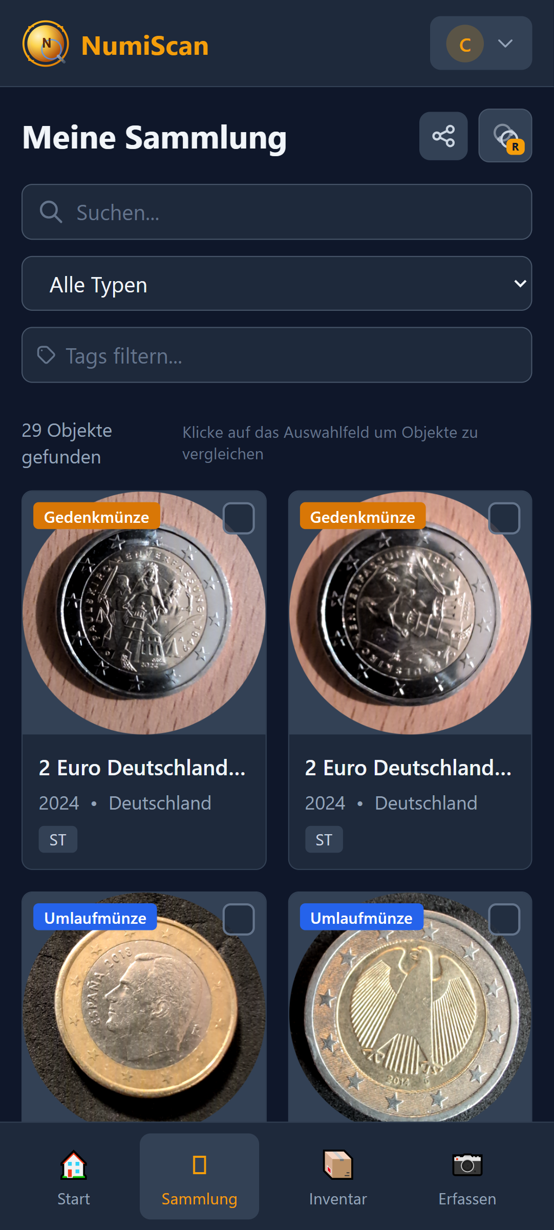 NumiScan Mobile App - Münzsammlung verwalten auf iPhone und Android