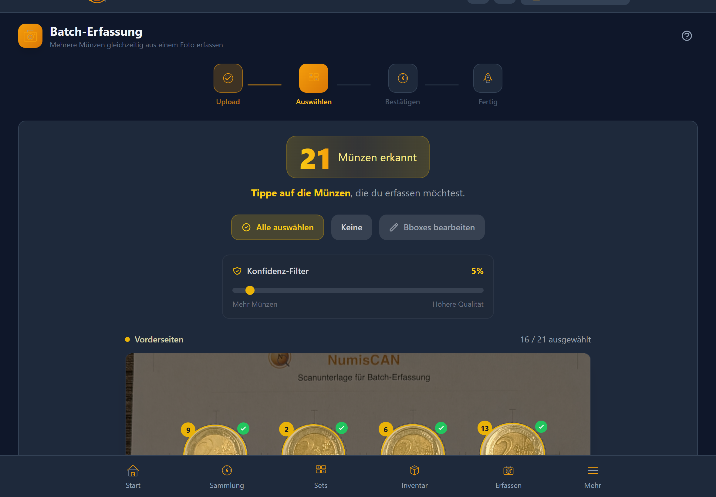 NumisCAN Batch-Erfassung - Mehrere Münzen gleichzeitig fotografieren und erkennen