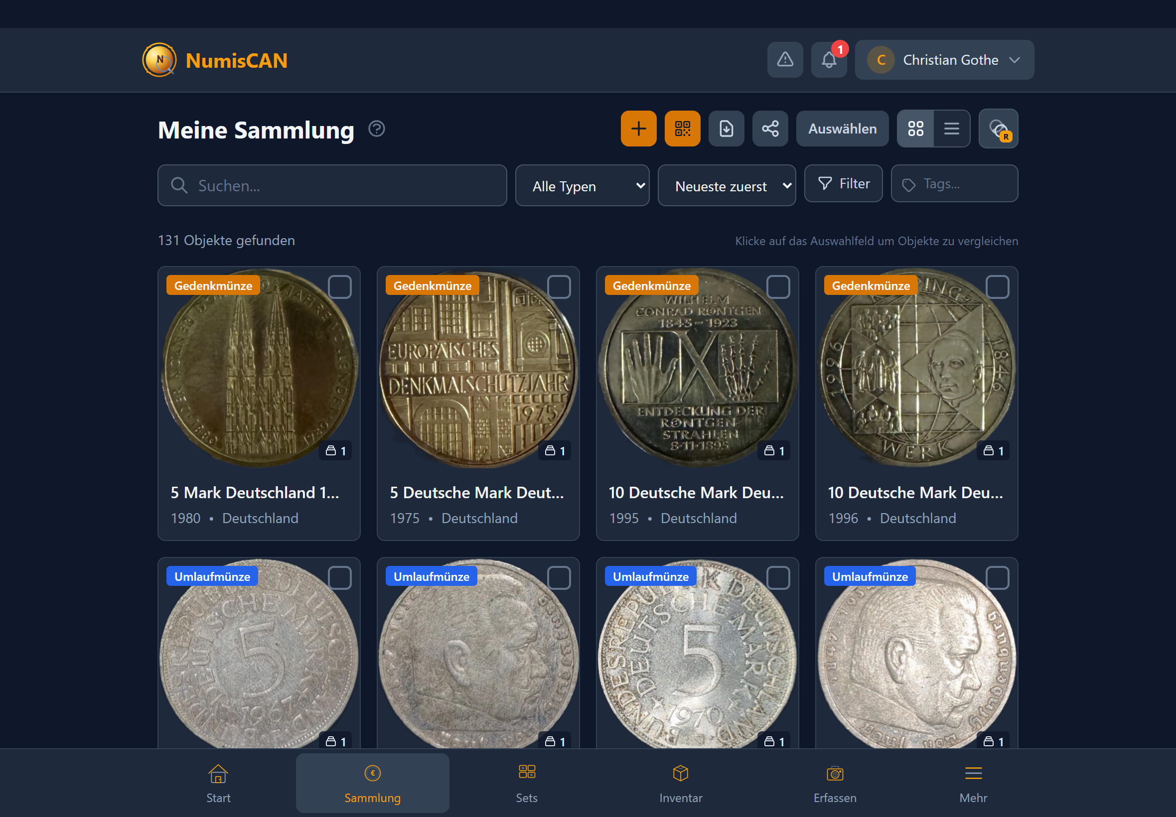NumisCAN Dashboard - Sammlungsübersicht mit Wertberechnung, 92 Objekte, 23 Länder