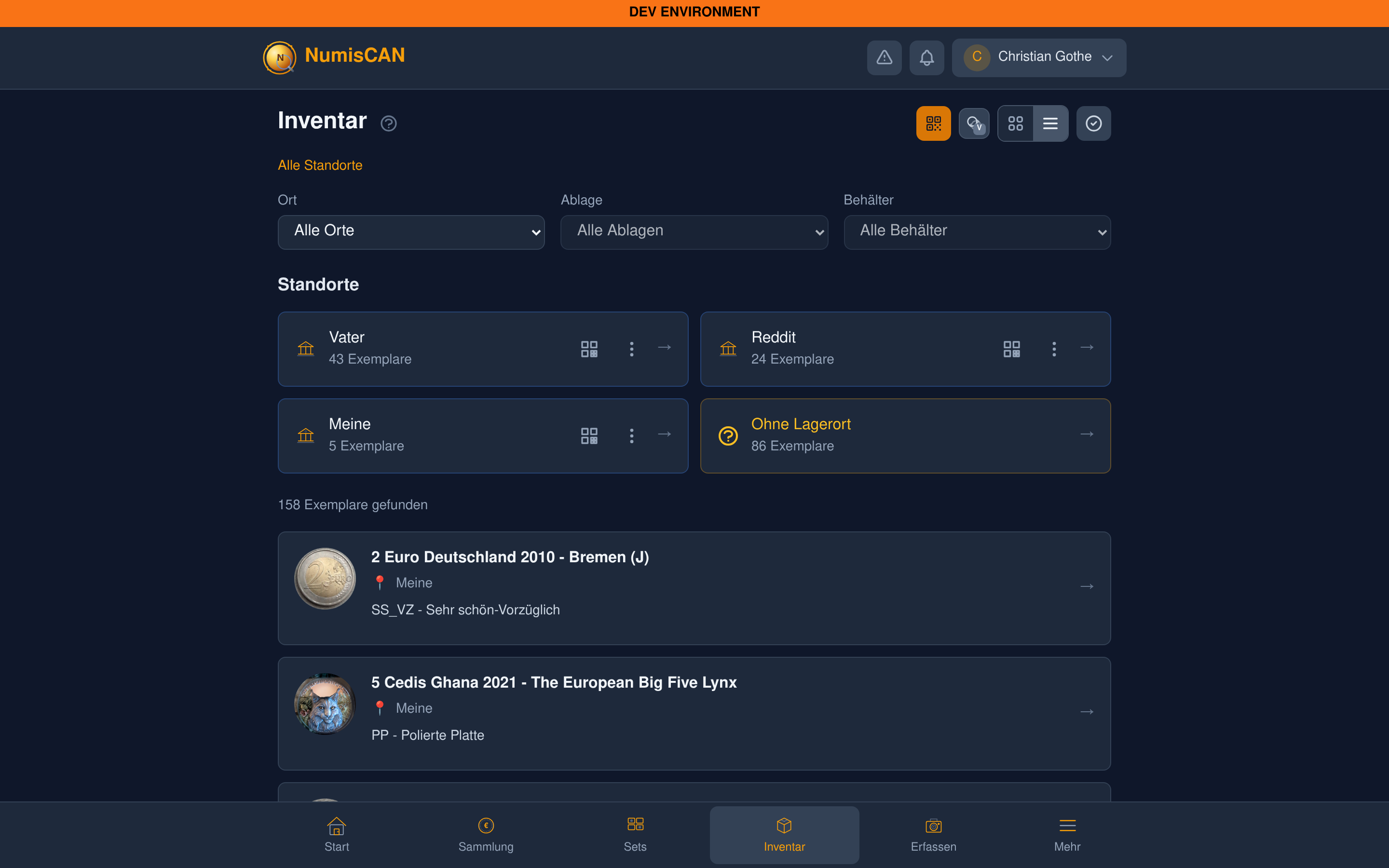 NumisCAN Inventar - Lagerorte, Standorte, Übersicht