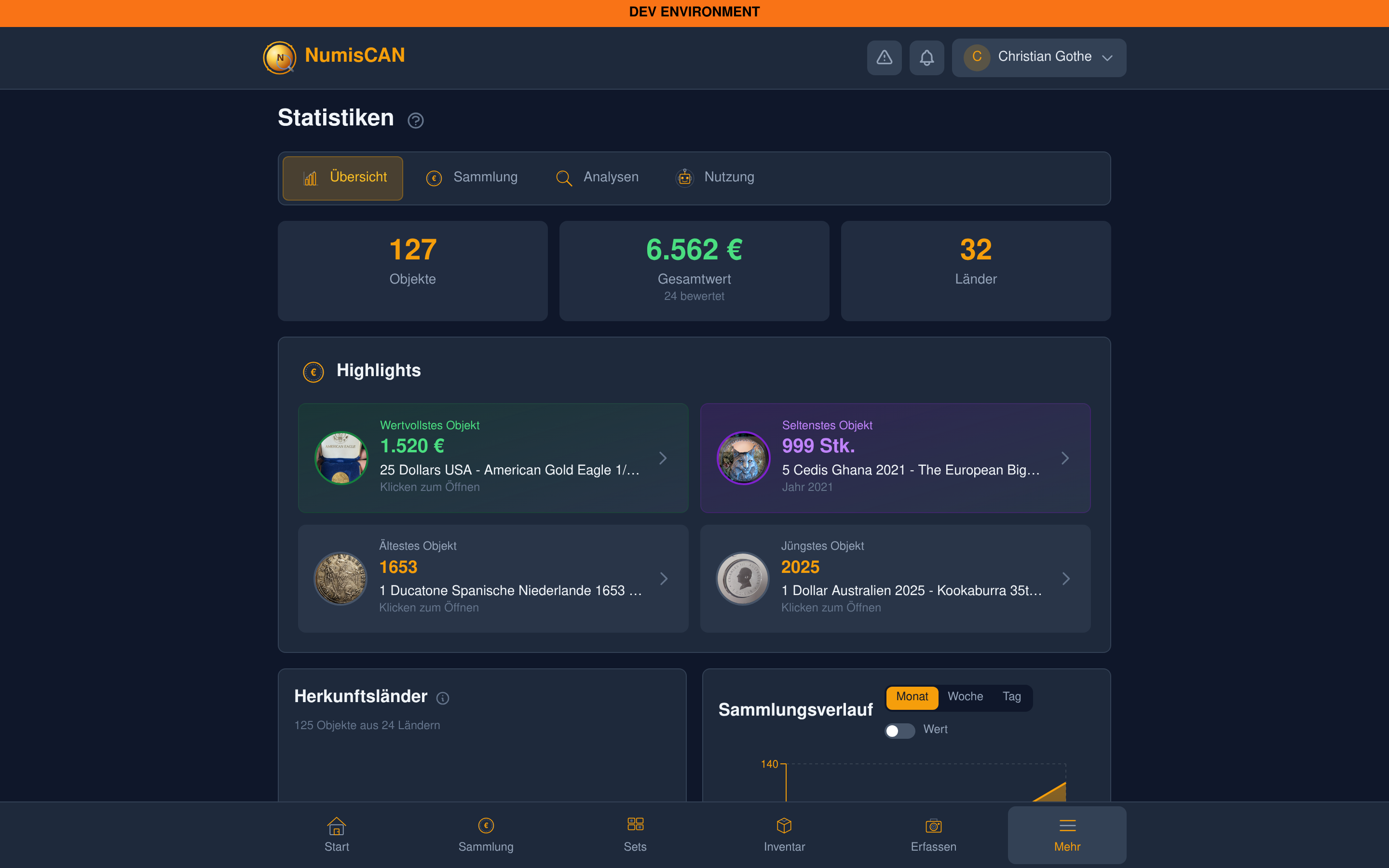 NumisCAN Statistiken - Highlights, wertvollste Münzen, Zeitverlauf